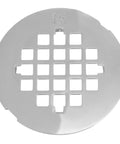 Heavy Duty No Caulk Shower Drain With Slick Polished Chrome Grate, round 4.5in drain cover designed for quick ABS PVC hookup.
