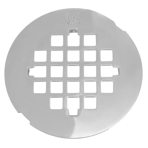 Heavy Duty No Caulk Shower Drain With Slick Polished Chrome Grate, round 4.5in drain cover designed for quick ABS PVC hookup.