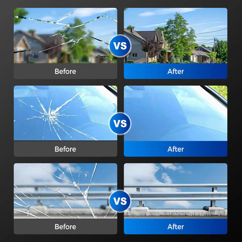 Before and after images of using DIY Windshield Crack Repair Kit For All Weather Performance And Quick Fix Glass Repair Tools