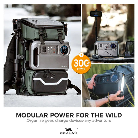 Lancer300 Combo With 300W Power Station, Modular Creator Backpack For Photography in Green with charging setup