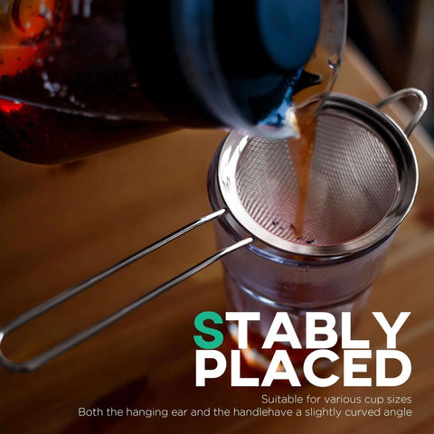 3.3 Inch Fine Mesh Strainer 304 Stainless Steel Cocktail Sieve filtering coffee into a cup