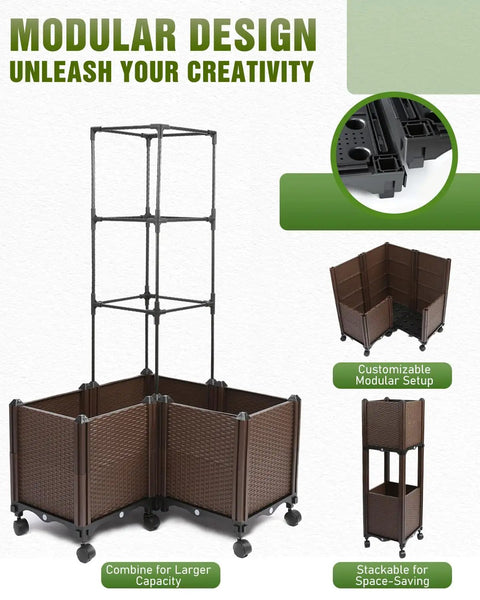 All In One 71 Inch Trellis Planter Box With Wheels For Growing Vegetables Self Watering Raised Garden Bed For Indoor And Outdoor Use No Fuss Easy Setup UV Resistant Durable Plastic Tomato Cage And Planters in modular design.