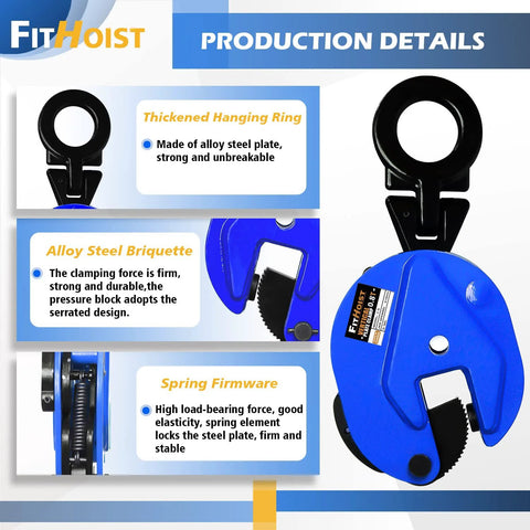 Front view of blue FITHOIST vertical plate clamp with ring hanger and serrated jaw for 0.8-ton lifting