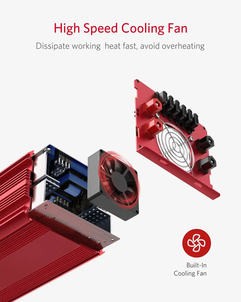 Heavy Duty 2000W Power Inverter DC To AC Converter showing internal high-speed cooling fan and components to prevent overheating.