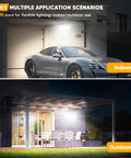 Solar Motion Lights Outdoor With Sixteen Point Four Foot Cable 3000LM illuminating garage and patio at night, showcasing versatility