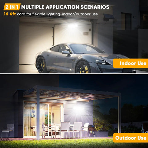 Solar Motion Lights Outdoor With Sixteen Point Four Foot Cable 3000LM illuminating garage and patio at night, showcasing versatility