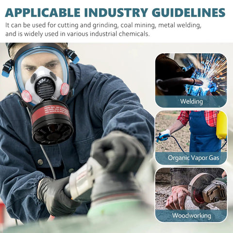 Worker using Full Face Gas Mask With Anti Fog Shield And 40mm Activated Carbon Filter For Organic Vapors, Chemical Handling, Polishing