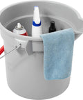 Heavy Duty 14 Quart Gray Round Pail For Pro Cleaning With Printed Measurement Lines And Solid Grip Bail, filled with cleaning supplies.