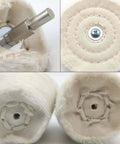 Close-up of Pro Grade Drill Buffing Wheel Kit With 19 Piece Polishing Set Including 6 Polishing Compounds, fabric buffing wheels.