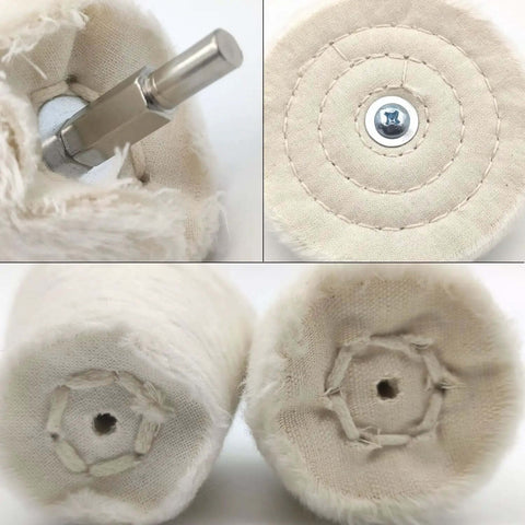 Close-up of Pro Grade Drill Buffing Wheel Kit With 19 Piece Polishing Set Including 6 Polishing Compounds, fabric buffing wheels.