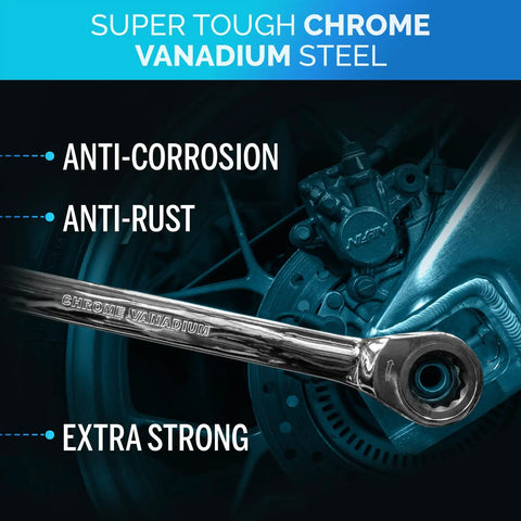 Ultra Slim Ratcheting Wrench Set With 26 Pieces shown near engine, highlighting chrome vanadium steel with anti-corrosion features.