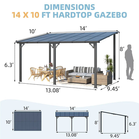 14 X 10 Foot Gazebo With Hard Top Roof, Lean To Pergola Shade For Patio And Backyard Hangout, 140 Sq Ft Covered Space.