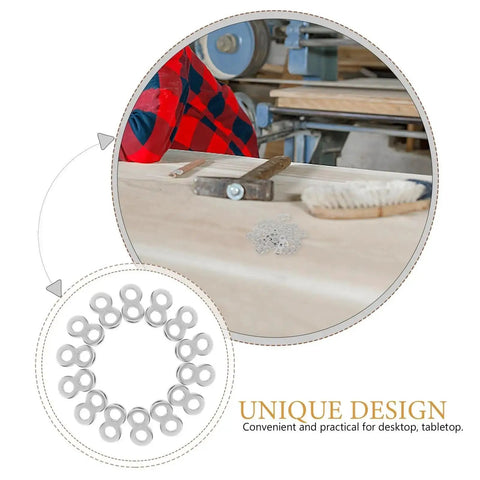 Top Notch Figure Eight Tabletop Connectors 180 Pack Stainless Steel Furniture Assembly Hardware on workbench for easy installation.