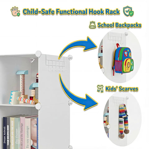 Portable Baby Wardrobe Closet For Kiddo Storage Organizer With Side Hooks DIY Modular Toy And Clothing Organizer Lightweight And Easy To Tidy Tiny Gear White featuring child-safe hooks for backpacks and scarves.