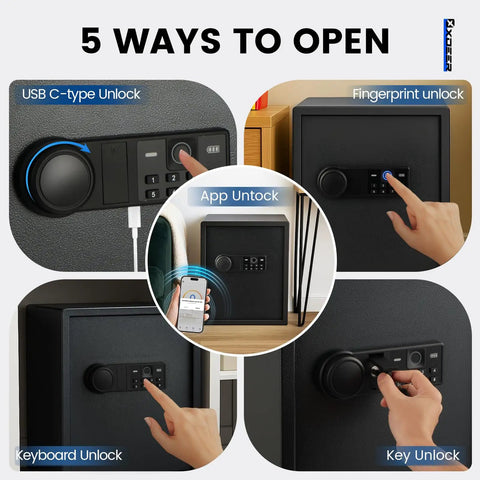 Diagram showing 5 unlocking methods for 1.69 Cubic Feet Personal Safe With App Access 0.1 Second Biometric Fingerprint 30 Fingerprint Storage