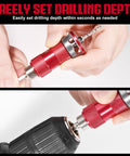 Hands adjusting the adjustable depth stop collar on Tough As Nails TCT Alloy Countersink Drill Bit Set with a power drill.