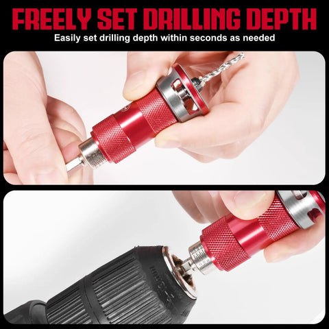 Hands adjusting the adjustable depth stop collar on Tough As Nails TCT Alloy Countersink Drill Bit Set with a power drill.