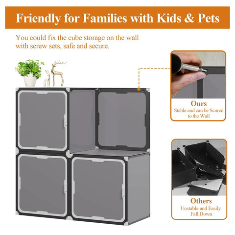 Totally Versatile 4 Cube Storage Organizer With Doors in dark grey, secured to wall with screws, showing stability and safety for families.