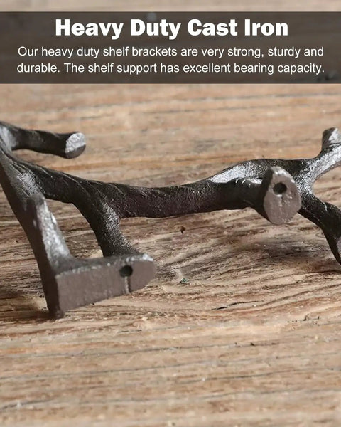 Close-up of Heavy Duty Cast Iron Branch Style Wall Mount L Brackets Vintage Rustic Decorative Support For Kitchen Home Office.
