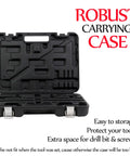 Open robust carrying case with interior compartments for tools, black, with text 'Easy to storage' and 'Protect your tools'.