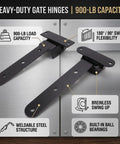 Tough As Nails 13 Inch Heavy Duty Strap Gate Hinges With Nine Hundred Pound Load Capacity Plus Flexible Ninety Degree Swivel Design shown on metal background.