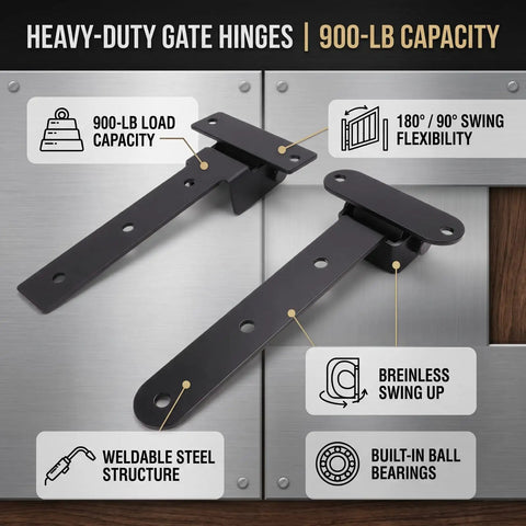 Tough As Nails 13 Inch Heavy Duty Strap Gate Hinges With Nine Hundred Pound Load Capacity Plus Flexible Ninety Degree Swivel Design shown on metal background.