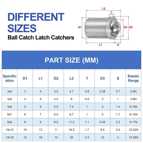 Different sizes for Heavy Duty 10 Pack 304 Stainless Steel Ball Plungers Smooth Operator Cabinet Latch Catcher 8X9MM details.