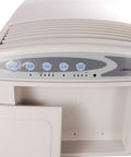 Portable Evaporative Air Cooler Humidifier Fan 10 Liter Tank Remote Control Oscillating Louvers Sleep Mode Timer Photocatalytic Filter front view with controls and tank compartment.