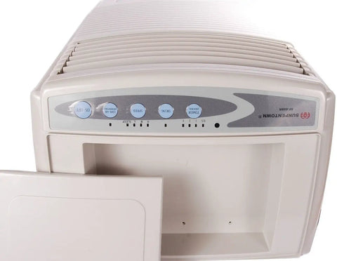 Portable Evaporative Air Cooler Humidifier Fan 10 Liter Tank Remote Control Oscillating Louvers Sleep Mode Timer Photocatalytic Filter front view with controls and tank compartment.