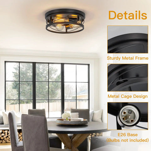 Farmhouse Black 3 Light Flush Mount Ceiling Fixture With Metal Cage Shade in dining room setting, close-up E26 base view