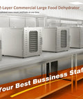 Heavy Duty Commercial Food Dehydrator With Twelve Roomy Trays, stainless steel design, multiple units for bulk drying.