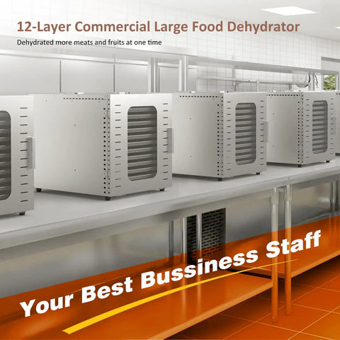 Heavy Duty Commercial Food Dehydrator With Twelve Roomy Trays, stainless steel design, multiple units for bulk drying.