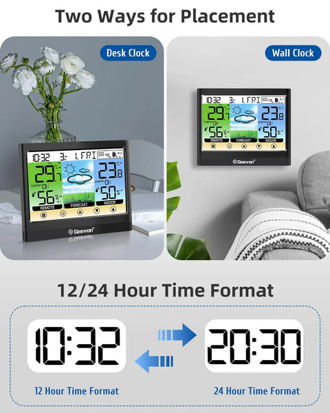 Wireless Indoor Outdoor Weather Station with Thermometer Hygrometer Dew Point and Heat Index Touchscreen LCD Display