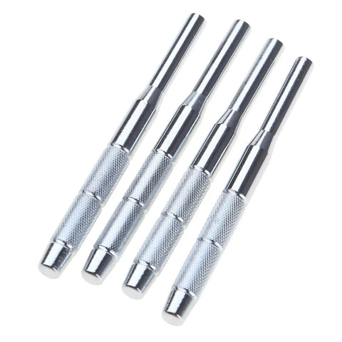 Four piece Pro Grade Stainless Steel Hollow End Roll Pin Starter Kit Set for pin insertion and slippage prevention.