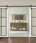 Modern Sliding Double Barn Doors 32 By 96 Inches With Clear Glass And Black Rail Hardware Kit viewed in interior setting.
