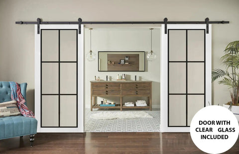 Modern Sliding Double Barn Doors 32 By 96 Inches With Clear Glass And Black Rail Hardware Kit viewed in interior setting.