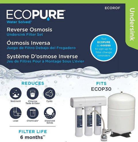 Replacement Filter Set For ECOP30 And Kenmore Reverse Osmosis Systems, NSF Certified, product packaging and system diagram