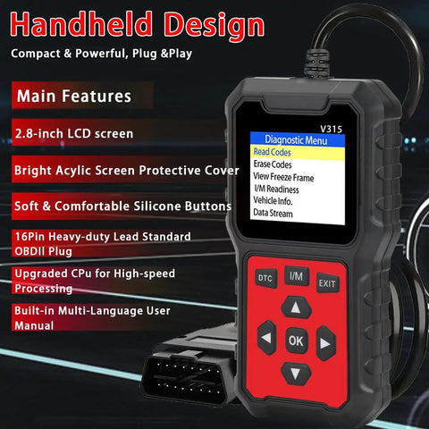 OBD2 Car Diagnostic Scanner With Full Read And Clear Codes, Engine Light Reset, LCD, red silicone buttons, handheld design