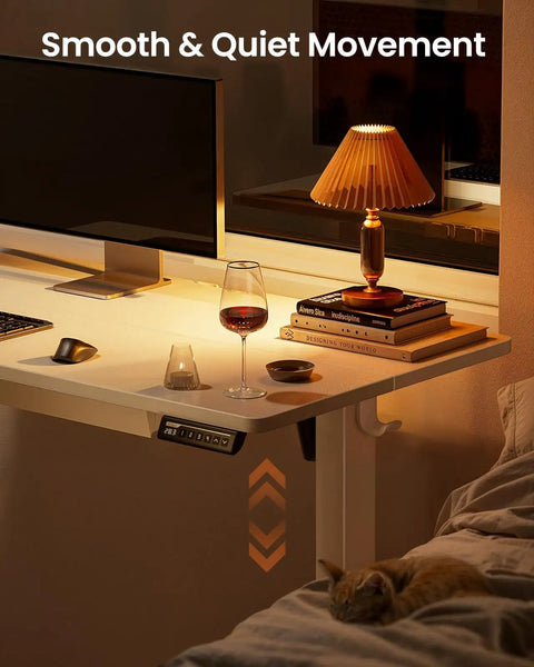 Electric Standing Desk With Drawers 48 By 24 Inch Height Adjustable Table With Four Presets for home office, lamp and glass on surface