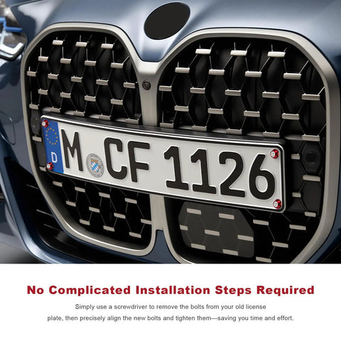 Fresh Red M6 Aluminum Motorcycle License Plate Bolts For Cars Trucks displayed on a vehicle front with license plate.