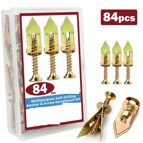 252 Piece Self Drilling Anchor And Screw Kit For Drywall And Walls Multipurpose Expansion Screws With Yellow Zinc Plating High Strength Carbon Steel Rust Resistant Long Lasting Fasteners For DIY Projects, 84 pcs