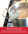 Stainless Steel Deep Frying And Candy Thermometer With Pot Clip, 5 Inch Probe, attached to pot, showing candy temperature zones.