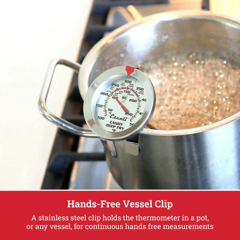 Stainless Steel Deep Frying And Candy Thermometer With Pot Clip, 5 Inch Probe, attached to pot, showing candy temperature zones.