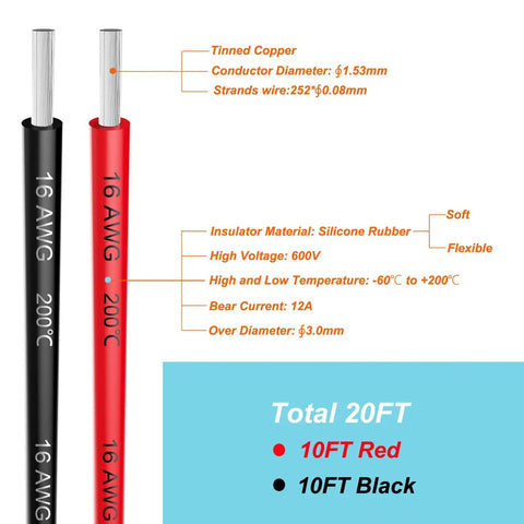 16 Gauge Silicone Hook Up Wire Set, 20 Feet Total Black And Red, Ultra Flexible 252-Strand Tin Copper Cable, High Temperature Resistance From -60C To 200C, Low Impedance Soft Wire For DIY Electronics, shown red and black 10 ft wires