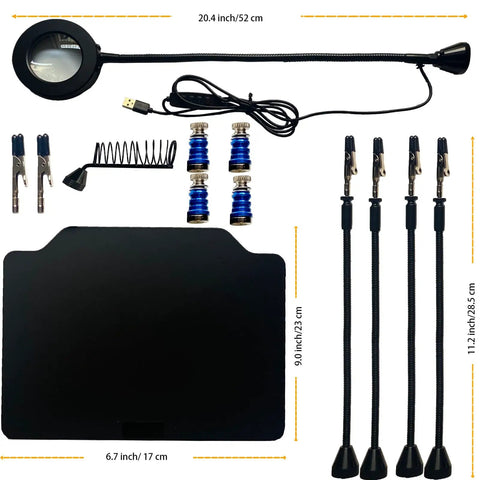 Components of Heavy Duty Soldering Helping Hands With Magnifying Glass And LED Light, 3rd Hand Clamp, magnetic base, and gooseneck arms.