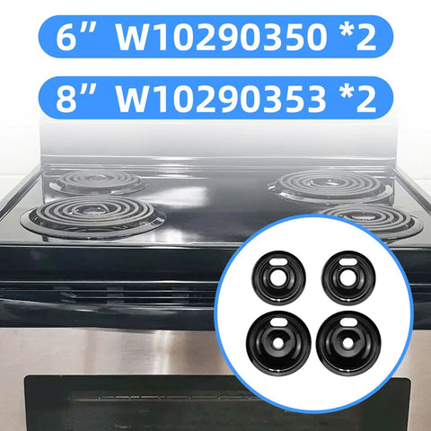 Stovetop Drip Pans Kit Replacement For Electric Ranges 6in and 8in black porcelain pans in packaging with stove display W10290353 W10290350