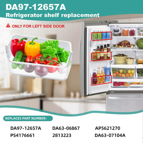 Left Door Refrigerator Shelf Replacement For Compatible Models PS4176661 DA63-06867 AP5621270 installed with veggies
