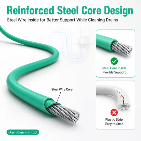 40 Inch Flexible Bathroom Drain Hair Remover With Rotating Handle Reinforced Steel Drain Snake revealing steel core design for enhanced support.