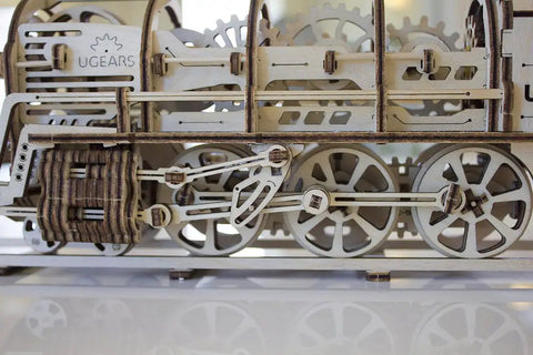 3D Model Steam Locomotive Kit With Tender For Builders And Hobbyists, Gear Driven Train Replica With Rubber Motor, Vintage Steam Era Style For DIY Railfans And Train Nerds, laser-cut plywood side wheels