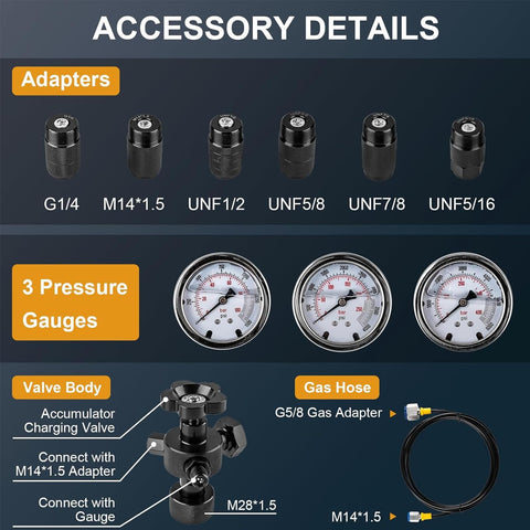All In One Hydraulic Nitrogen Accumulator Charging Kit With Three Pressure Gauges Pro Grade Hydraulic Pressure Test Tool For 1500 4000 And 6000 PSI Heavy Duty And Easy To Use